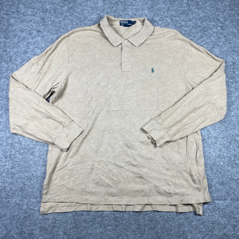 VTG Polo Ralph Lauren Polo Shirt Mens XXL Tan Long Sleeve Cotton Pony Pique 90s